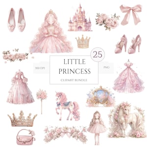 25 小さなプリンセスのクリップアート 水彩プリンセスのクリップアート おとぎ話のクリップアート プリンセスと城、ピンクの PNG プリンセス ガール ナイト 城のクリップアート