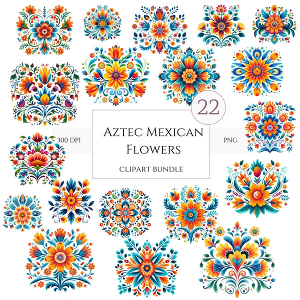 22 Pngs de flores mexicanas aztecas / Flores mexicanas Clip Art / Florales mexicanos / Diseños de flores mexicanas / Florales vibrantes / Uso comercial