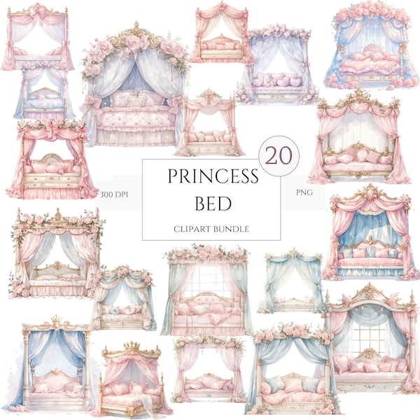 20 Magic Princess Bed Clipart, Pink Bedroom, High Quality PNG, Fairytale Clip Art, Baby Shower Wall Art, Girl Clipart, Cinderella Clipart