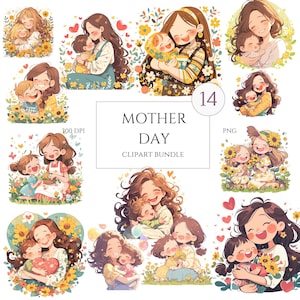 14 Mutter und Tochter Clipart, Muttertagskarte, druckbare Aquarell Clipart, hochwertige JPGs, digitaler Download, Papiermodell, Journale