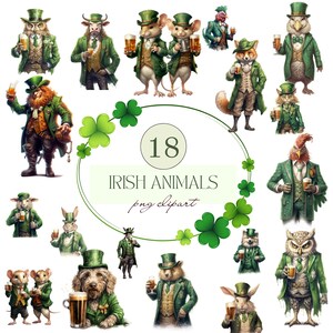 Watercolor St Patricks  Animals Clipart, 18 PNG St Patricks Day Clipart, Irish Green Shamrock Png, Cute Animals Sublimation, Commercial Use
