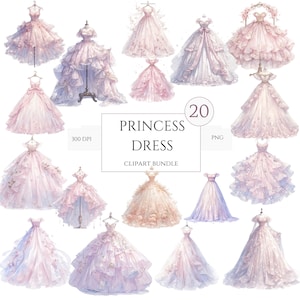 20 Prinzessin Kleider Clipart, Prinzessin Kleider, druckbare Aquarell Clipart, hochwertige PNGs, digitaler Download, Papiermodell, Junk Journals