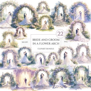 22 Pacote de clipart de arco de casamento em aquarela de noiva e noivo, dia do casamento, clipart de casamento, noiva e noivo, clipart recém-casado, PNG digital