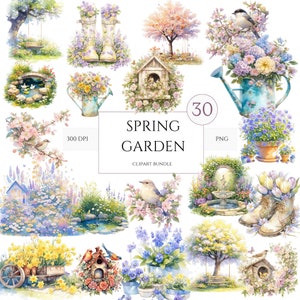 30 PNG aquarelle printemps jardin Clipart, jardin PNG Bundle, clipart arbre printemps, sublimation florale printanière imprimable avec un usage Commercial