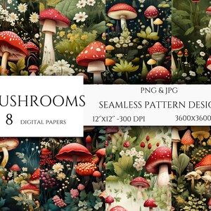 Papel digital com padrão sem emenda de cogumelo | Papel Digital Cogumelo Aquarela | Texturas para impressão de floresta sem costura em papel para impressão