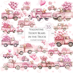 Valentines Teddy bear clipart, Valentine Truck Clipart Bundle, Pink Holiday Teddy Bears In The Vintage Truck With Hearts Ballons, 35 PNG