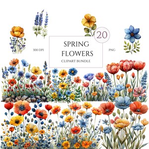 20 Spring Flowers PNG, Watercolor Floral Clipart Bouquets, Elements, Commercial Use, Digital clipart PNG, Transparent background