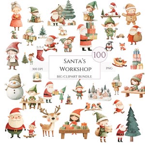 Atelier 100 pères Noël aquarelle Clipart, PNG, clipart hiver, mignon clipart Noël scandinave, téléchargement numérique, usage Commercial