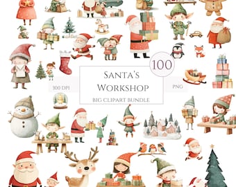 Peut inclure: Une collection d'illustrations à l'aquarelle représentant le Père Noël, des elfes et des scènes d'hiver. Les images incluent le Père Noël avec des cadeaux, des elfes au travail et divers éléments sur le thème de Noël. Le texte sur l'image indique "Santa's Workshop Big Clipart Bundle".