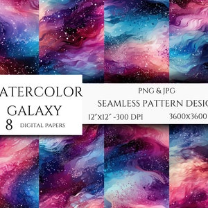 Galaxy watercolor digital paper | Galactic Nebula Digital Paper Pack | Seamless Starry Sky Space Backgrounds
