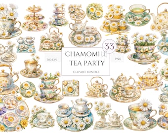 33 PNG Watercolor Vintage Chamomile Tea Time Clipart, Pastel Tea Clipart, Tea Time art, Flower Teacup, Tee-Illustration, Tea Party Bundle