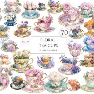 70 Floral Tea Cup Clipart, Floral Tea Set, Printable Watercolor clipart, PNGs de alta qualidade, Download digital, Paper craft, junk journals