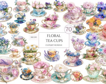 Könnte beinhalten: 70 Aquarell-Illustrationen von Blumenteebechern. Jeder Tebecher ist mit verschiedenen Blumen und Farben verziert, darunter Rosa, Blau, Lila und Gelb. Die Tebecher befinden sich auf weißem Hintergrund.