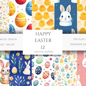 Easter Digital Papers, Spring Digital Papers, Doodle Rabbits and Flowers, Pink Yellow Digital Paper, 12 Set Patterns, Commercial Use