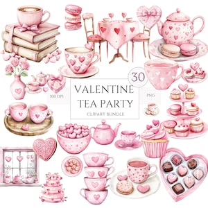 Clipart del tè di San Valentino, festa del tè pomeridiano con acquerello rosa, set per il tè pomeridiano, tazza da tè, San Valentino, download immediato, uso commerciale PNG