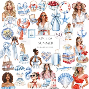Clipart ad acquerello di estate mediterranea, ragazze costiere, atmosfere da spiaggia nautica, viaggi in Francia, PNG rossi e blu per diario e artigianato