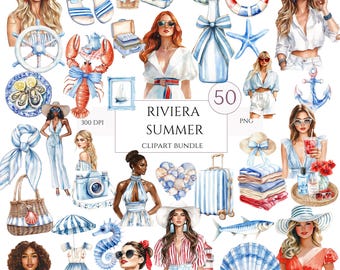 Può includere: Un pacchetto di clipart digitali intitolato "Riviera Summer" con illustrazioni ad acquerello di oggetti, moda e donne a tema spiaggia. Include una varietà di elementi come un'aragosta, una valigia e un faro. Il pacchetto contiene 50 immagini PNG.