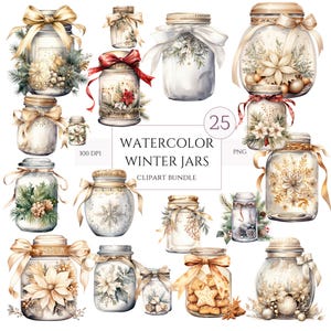 Watercolor Winter Mason Jars Clipart, Christmas PNG Whimsical Christmas Clipart, 25 Png Bundle, Festive Dark Jar Clipart, Digital Download