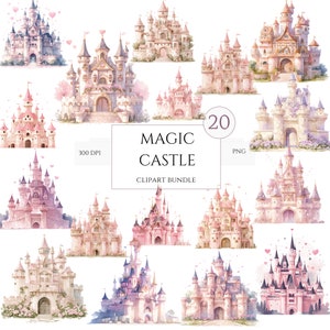 20 imágenes prediseñadas del castillo mágico de acuarela, imágenes prediseñadas del castillo de cuento de hadas, castillo de cumpleaños de la princesa, JPG de alta calidad, descarga digital - uso comercial