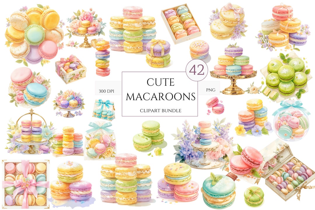 42 Watercolor French Macaron Clipart, Printable Rainbow Cookies Biscuit ...