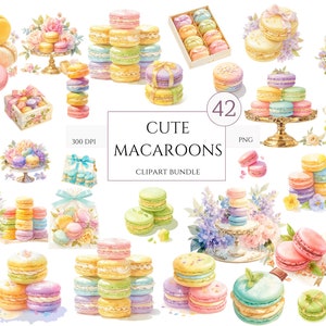42 aquarel Franse Macaron clipart, afdrukbare Rainbow Cookies Biscuit Art Print, pastel snoep PNG, junk Journal handgemaakt, commercieel gebruik