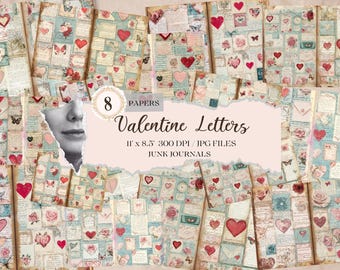 May include: Eight digital papers featuring vintage style Valentine's Day letters and hearts in shades of pink, blue, and red. The papers are 11 x 8.5 inches and 300 DPI.  The text "Valentine Letters" is in a large font on the image.