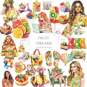 Clipart di vibrazioni estive ad acquerello, pacchetto di 45 PNG di frutta colorata, grafica tropicale succosa per diari spazzatura, adesivi e lavoretti, uso commerciale