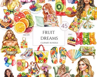 Clipart de acuarela con vibraciones veraniegas, paquete de 45 PNG de frutas coloridas, gráficos tropicales jugosos para revistas basura, pegatinas y manualidades, uso comercial