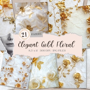 Gold Journal Paper, White and Gold Roses, Wedding Gold Floral Printable, Floral White and Gold Junk Journal Kit, Ephemera, Commercial Use