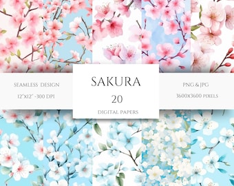 Seamless Japanese Cherry Blossom Digital Paper, Pastel Watercolor Sakura Pattern, Spring Flowers scrapbook, Floral background Commercial use