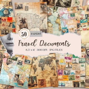 Reisdocumenten Digitale papieren, vintage kaarten plakboek kit, postzegels ongewenste dagboekpagina's, wereldkaart kortstondige, commercieel gebruik