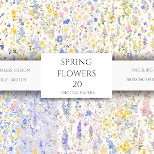 Naadloze aquarel wilde bloemen digitaal papier, lente naadloze bloemmotief, Wildflower collage papier Pack, lente weide digitaal papier