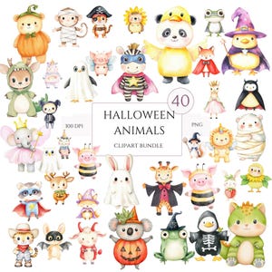 Watercolor Halloween Animals Clipart, Cute Baby Creatures in Costumes, Ghosts, Nursery & Kids PNG Bundle, Trick or Treat, Commercial Use