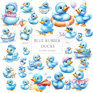 Blue Rubber Duck Clipart | Nursery Design | 34 PNG | Watercolor Rubber Duck | Cute Ducks with Balloons | Baby Shower Invite | Commercial Use