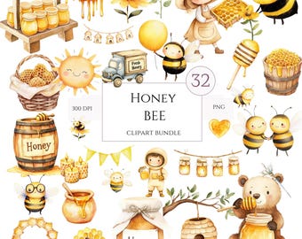 Cute Bee Watercolor Clipart, Baby Bumble Bee & Honey PNG, Bee Baby Shower Clipart, Honeycomb, Bee and Bear, Digital Download, Commercial Use