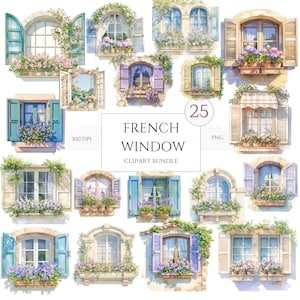 Puede incluir: Un conjunto de 25 ilustraciones de acuarela de ventanas francesas con varios estilos de contraventanas, jardineras y detalles florales. Las ventanas están sobre un fondo blanco. El texto "French Window Clipart Bundle" y "25 PNG 300 DPI" está incluido en la imagen.