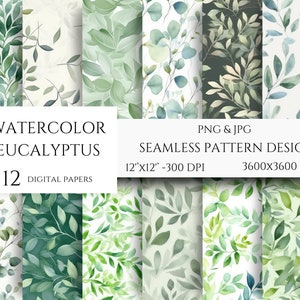 Watercolor Eucalyptus Digital Paper | Eucalyptus Sage Green | Greenery Wedding Scrapbook Paper | Watercolor Floral Botanical Greenery