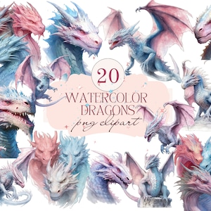Dragons Watercolor Clipart Bundle | 20 High Quality PNG With Transparent Backgrounds | Commercial Use | Digital Download | Magical Fairytale