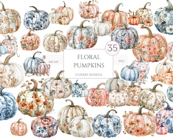 Floral citrouilles Clipart, 35 PNG, téléchargement numérique, chinoiseries aquarelle, clipart floral toile de Jouy pour Thanksgiving, usage commercial d'automne