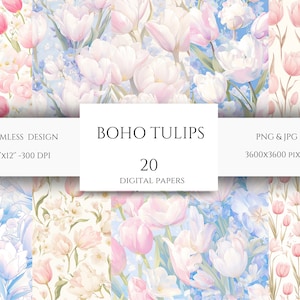 Modèle sans couture de tulipe bohème, usage commercial, 20 PNG, motif tulipe, aquarelle pastel tulipe motif, png, floral printanier