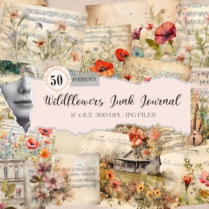 Puede incluir: Un collage de 50 papeles digitales con flores silvestres de acuarela, partituras vintage y elementos rústicos. Los papeles miden 11 x 8,5 pulgadas y 300 DPI. "Wildflowers Junk Journal" está escrito en una fuente decorativa.