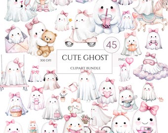 Whimsical Pastel Ghost Clipart, Cute Halloween Pink PNGs, Girly Watercolor Ghosts with Bows, Pink Ghost Spooky Clipart, Commercial Use