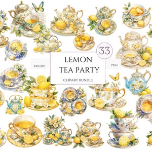 33 PNG Aquarell Vintage Lemon Tea Time Clipart, Pastell Tee Clipart, Tea Time Kunst, Blumen Teetasse Png, Tee-Illustration, Tea Party Bundle