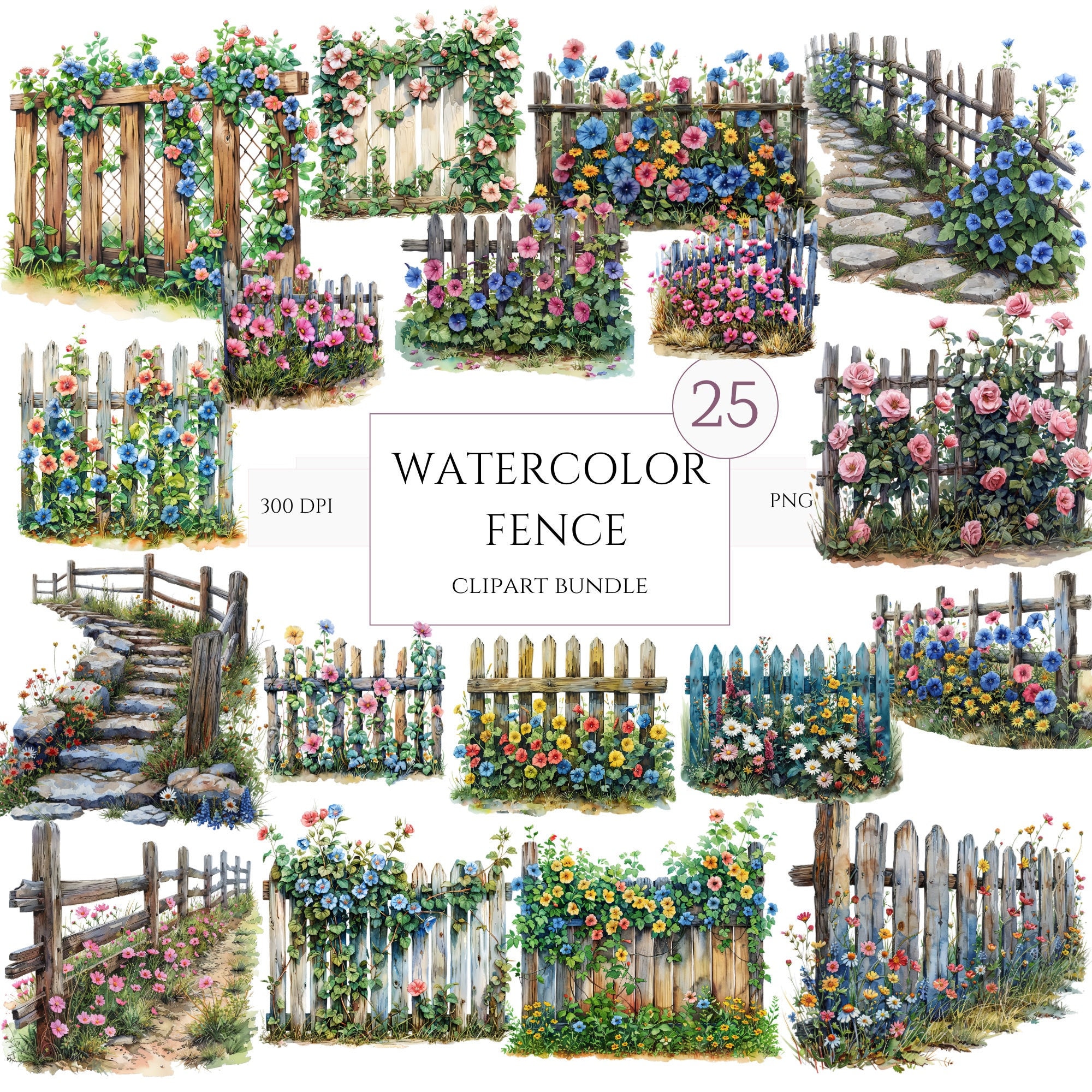 25 cliparts aquarelle clôtures, clôture en bois, clipart clôture florale, clipart jardin, Images nature florale d'été, usage Commercial