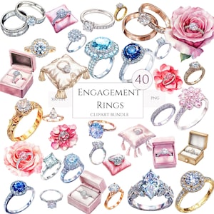 Clipart di anelli di fidanzamento ad acquerello, 40 PNG di anelli di nozze e promesse, anelli di diamanti, futura sposa, futura signora, download digitale, uso commerciale