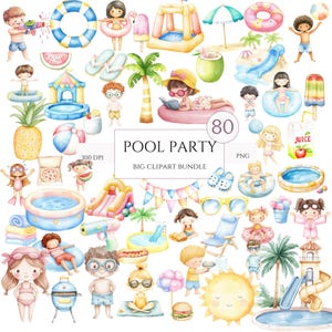 Cute Pool Party Clipart Bundle, Watercolor Summer Kids, Ice Cream, Floaties, Poolside Fun PNG for Birthday & Nursery Decor, Commercial Use