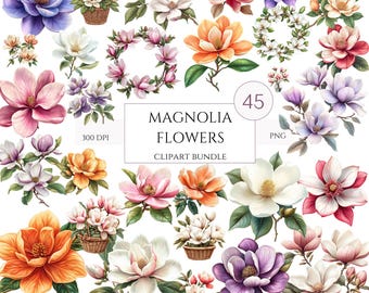 Magnolie Blume Clipart, Blumengrafiken für Planer, Botanische Aquarell Hochzeitseinladung PNG, elegante Kranzgrafik, kommerzielle Nutzung