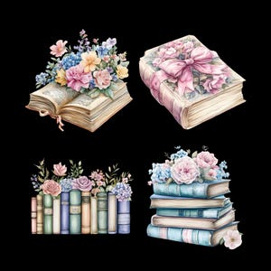 May include: Four watercolor illustrations of books with floral accents. The first image shows a book with a bouquet of pink, yellow, and blue flowers. The second image shows a book with a pink bow and pink and white flowers. The third image shows a stack of books with pink and blue flowers. The fourth image shows a stack of books with blue and pink flowers.