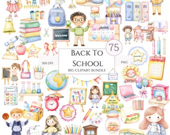 May include: A watercolor illustration of a "Back to School" themed clipart bundle. The image features various school-related items such as backpacks, pencils, books, and children. The text "Back to School" and "Big Clipart Bundle" are visible.