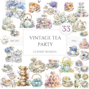 33 PNG Aquarell Vintage Blumen Tea Time Clipart, Pastell Tee Clipart, Tea Time Kunst, Blumen Teetasse Png, Tee-Illustration, Teeparty Bundle